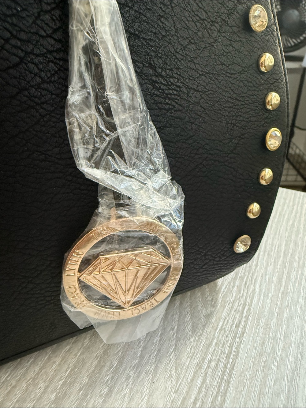Traci Lynn Black Studded Dome Handbag Set w Matching Wallet Crystal Diamond Top - Picture 6 of 15